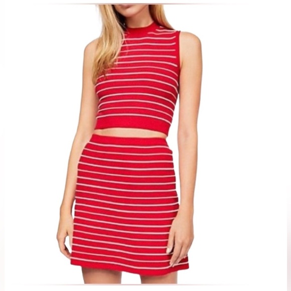 Free People Red Striped Knit Two-Piece Set: skirt & sleeveless crop top, cotton - Picture 2 of 9